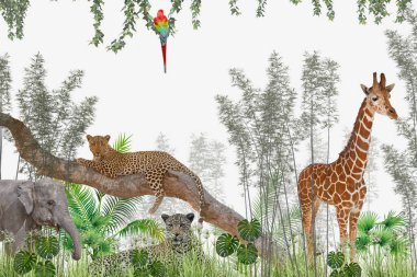 Tropik duvar kağıdı, tropik ağaçlar ve yapraklar, dijital baskı için duvar kağıdı tasarımı - 3D illüstrasyon