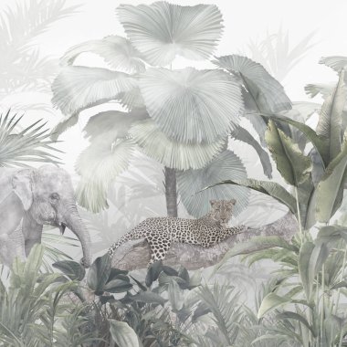 Tropik duvar kağıdı, tropik ağaçlar ve yapraklar, dijital baskı için duvar kağıdı tasarımı - 3D illüstrasyon