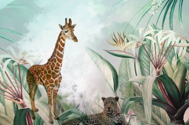 Tropik duvar kağıdı, tropik ağaçlar ve yapraklar, dijital baskı için duvar kağıdı tasarımı - 3D illüstrasyon