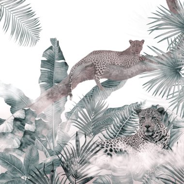 Tropik duvar kağıdı, tropik ağaçlar ve yapraklar, dijital baskı için duvar kağıdı tasarımı - 3D illüstrasyon