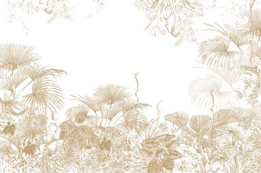 Tropik duvar kağıdı, tropik ağaçlar ve yapraklar, dijital baskı için duvar kağıdı tasarımı - 3D illüstrasyon