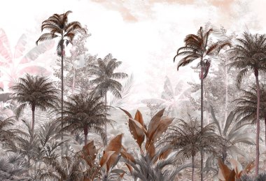 Tropik duvar kağıdı, tropik ağaçlar ve yapraklar, dijital baskı için duvar kağıdı tasarımı - 3D illüstrasyon