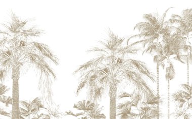 Tropik duvar kağıdı, tropik ağaçlar ve yapraklar, dijital baskı için duvar kağıdı tasarımı - 3D illüstrasyon