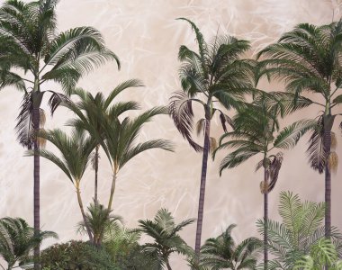 Tropik duvar kağıdı, tropik ağaçlar ve yapraklar, dijital baskı için duvar kağıdı tasarımı - 3D illüstrasyon