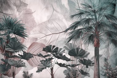 Tropik duvar kağıdı, tropik ağaçlar ve yapraklar, dijital baskı için duvar kağıdı tasarımı - 3D illüstrasyon