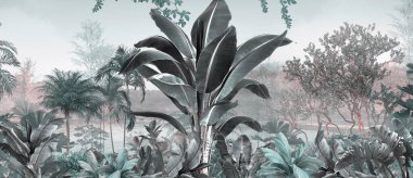 Tropik duvar kağıdı, tropik ağaçlar ve yapraklar, dijital baskı için duvar kağıdı tasarımı - 3D illüstrasyon