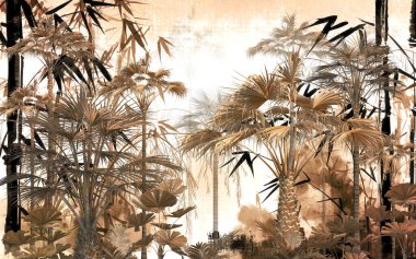 Tropik duvar kağıdı, tropik ağaçlar ve yapraklar, dijital baskı için duvar kağıdı tasarımı - 3D illüstrasyon