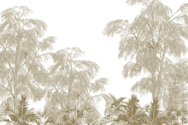热带墙纸 热带树木和树叶 数码印刷墙纸设计 3D插图 — 图库照片