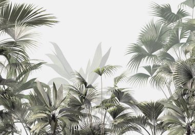 Tropik duvar kağıdı, tropik ağaçlar ve yapraklar, dijital baskı için duvar kağıdı tasarımı - 3D illüstrasyon