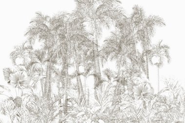 Tropik duvar kağıdı, tropik ağaçlar ve yapraklar, dijital baskı için duvar kağıdı tasarımı - 3D illüstrasyon