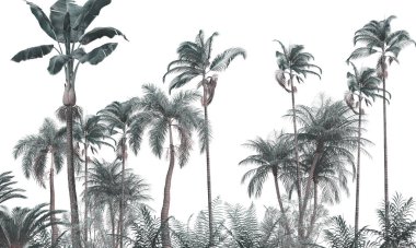 Tropik duvar kağıdı, tropik ağaçlar ve yapraklar, dijital baskı için duvar kağıdı tasarımı - 3D illüstrasyon