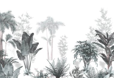 Tropik duvar kağıdı, tropik ağaçlar ve yapraklar, dijital baskı için duvar kağıdı tasarımı - 3D illüstrasyon