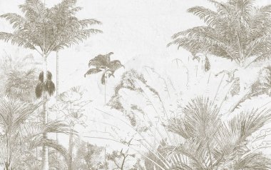 Tropik duvar kağıdı, tropik ağaçlar ve yapraklar, dijital baskı için duvar kağıdı tasarımı - 3D illüstrasyon