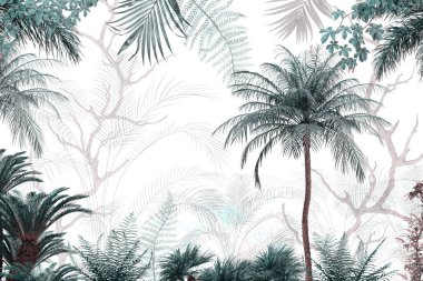 Tropik duvar kağıdı, tropik ağaçlar ve yapraklar, dijital baskı için duvar kağıdı tasarımı - 3D illüstrasyon