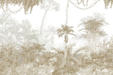 Tropik duvar kağıdı, tropik ağaçlar ve yapraklar, dijital baskı için duvar kağıdı tasarımı - 3D illüstrasyon