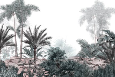 Tropik duvar kağıdı, tropik ağaçlar ve yapraklar, dijital baskı için duvar kağıdı tasarımı - 3D illüstrasyon