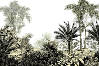 Tropik duvar kağıdı, tropik ağaçlar ve yapraklar, dijital baskı için duvar kağıdı tasarımı - 3D illüstrasyon