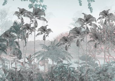 Tropik duvar kağıdı, tropik ağaçlar ve yapraklar, dijital baskı için duvar kağıdı tasarımı - 3D illüstrasyon