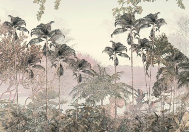 Tropik duvar kağıdı, tropik ağaçlar ve yapraklar, dijital baskı için duvar kağıdı tasarımı - 3D illüstrasyon