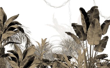 Tropik duvar kağıdı, tropik ağaçlar ve yapraklar, dijital baskı için duvar kağıdı tasarımı - 3D illüstrasyon