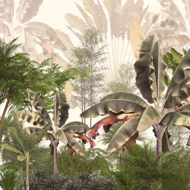 Tropik duvar kağıdı, tropik ağaçlar ve yapraklar, dijital baskı için duvar kağıdı tasarımı - 3D illüstrasyon