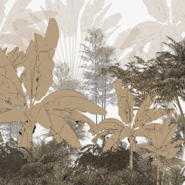 Tropik duvar kağıdı, tropik ağaçlar ve yapraklar, dijital baskı için duvar kağıdı tasarımı - 3D illüstrasyon