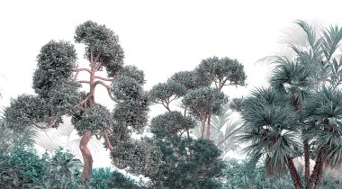 Tropik duvar kağıdı, tropik ağaçlar ve yapraklar, dijital baskı için duvar kağıdı tasarımı - 3D illüstrasyon