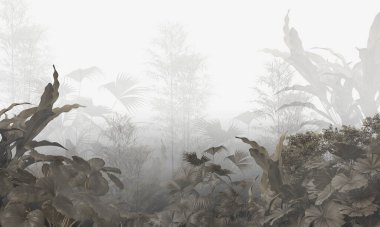 Tropik duvar kağıdı, tropik ağaçlar ve yapraklar, dijital baskı için duvar kağıdı tasarımı - 3D illüstrasyon