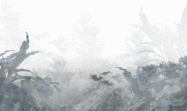 Tropik duvar kağıdı, tropik ağaçlar ve yapraklar, dijital baskı için duvar kağıdı tasarımı - 3D illüstrasyon