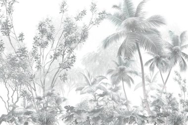 Tropik duvar kağıdı, tropik ağaçlar ve yapraklar, dijital baskı için duvar kağıdı tasarımı - 3D illüstrasyon