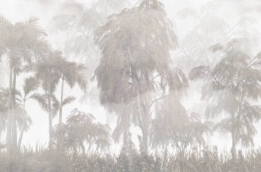 Tropik duvar kağıdı, tropik ağaçlar ve yapraklar, dijital baskı için duvar kağıdı tasarımı - 3D illüstrasyon