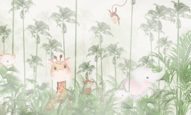 Orman arka planında sevimli çizgi film hayvanları