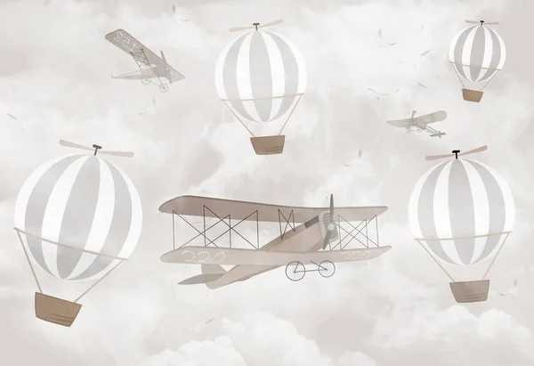 Vliegende Heteluchtballon Met Vliegende Vliegtuigen Die Lucht Vliegen Illustratie — Stockfoto