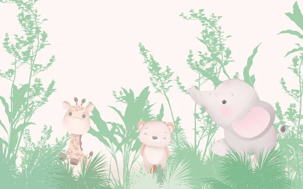 Yeşil Çimenler Üzerinde Çizgi Film Hayvanları Sevimli Arka Plan Çocukların — Stok fotoğraf