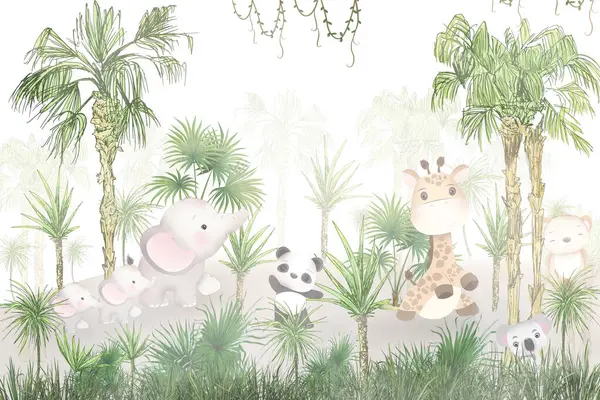 cute cartoon animals and plants in the garden.