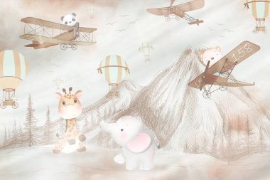 Şirin bir el çizimi suluboya çizimi. Çizgi film hayvanları. Çocuk oyuncakları, hayvanlar, bulutlar. Suluboya, resimleme, arka plan. Kartpostal için tasarım, davet