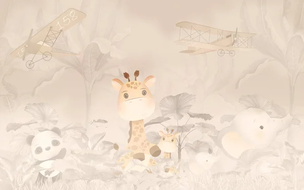 giraffe and bear in safari - cartoon background - illustration for children