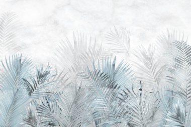 Tropik duvar kağıdı, tropik ağaçlar ve yapraklar, dijital baskı için duvar kağıdı tasarımı - 3D illüstrasyon