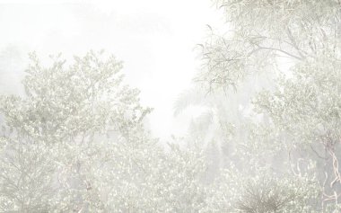 Tropik duvar kağıdı, tropik ağaçlar ve yapraklar, dijital baskı için duvar kağıdı tasarımı - 3D illüstrasyon