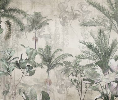 Tropik duvar kağıdı, tropik ağaçlar ve yapraklar, dijital baskı için duvar kağıdı tasarımı - 3D illüstrasyon