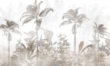 Tropik duvar kağıdı, tropik ağaçlar ve yapraklar, dijital baskı için duvar kağıdı tasarımı - 3D illüstrasyon