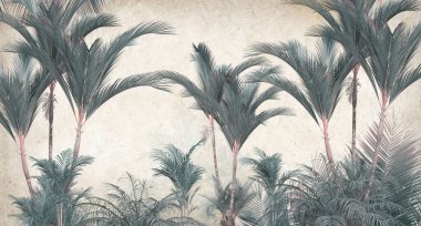 Tropik duvar kağıdı, tropik ağaçlar ve yapraklar, dijital baskı için duvar kağıdı tasarımı - 3D illüstrasyon