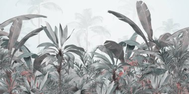 Tropik duvar kağıdı, tropik ağaçlar ve yapraklar, dijital baskı için duvar kağıdı tasarımı - 3D illüstrasyon