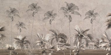 Tropik duvar kağıdı, tropik ağaçlar ve yapraklar, dijital baskı için duvar kağıdı tasarımı - 3D illüstrasyon