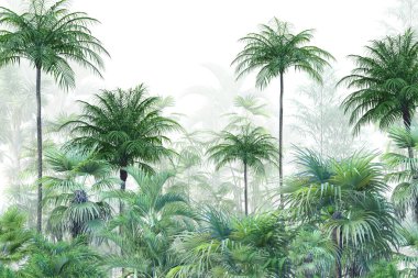 Tropik duvar kağıdı, tropik ağaçlar ve yapraklar, dijital baskı için duvar kağıdı tasarımı - 3D illüstrasyon