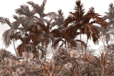 Tropik duvar kağıdı, tropik ağaçlar ve yapraklar, dijital baskı için duvar kağıdı tasarımı - 3D illüstrasyon