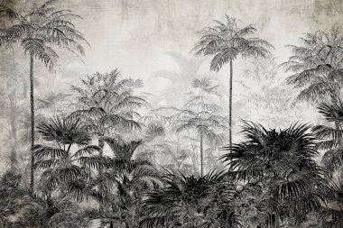 Tropik duvar kağıdı, tropik ağaçlar ve yapraklar, dijital baskı için duvar kağıdı tasarımı - 3D illüstrasyon