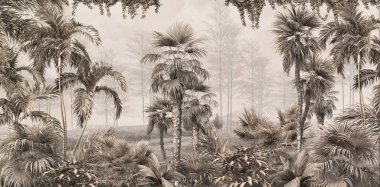 Tropik duvar kağıdı, tropik ağaçlar ve yapraklar, dijital baskı için duvar kağıdı tasarımı - 3D illüstrasyon