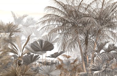 Tropik duvar kağıdı, tropik ağaçlar ve yapraklar, dijital baskı için duvar kağıdı tasarımı - 3D illüstrasyon