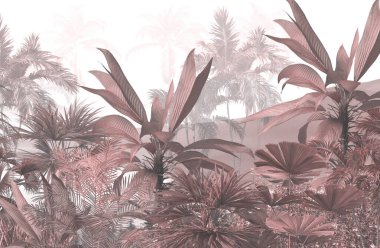 Tropik duvar kağıdı, tropik ağaçlar ve yapraklar, dijital baskı için duvar kağıdı tasarımı - 3D illüstrasyon